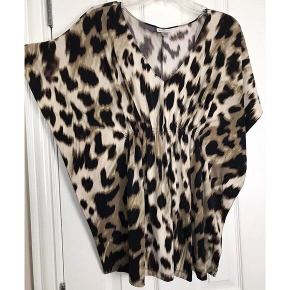 Worthington Women's Medium Leopard Print Pancho Style Top Stretch Gathered Waist - Picture 2 of 9